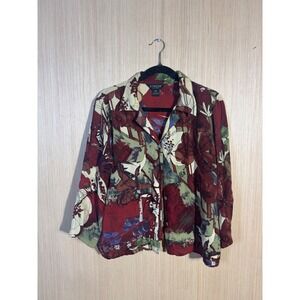 Citron Santa Monica 100% Silk Floral Button Down Blouse Red Green Womens Medium